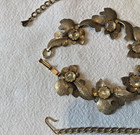 Vtg Necklace Bracelet Earrings Parure Set Gold Patterned Leaves Rhinestones Mcm