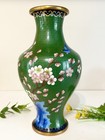 Large Antique Traditional Chinese Cloisonn   Green pink Floral Brass Enamel Vase
