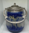 Antique Legras Art Nouveau Biscuit Jar Signed Leg Blue Winter Landscape French