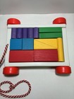 Playskool Pull Toy Wooden Wagon With Set Of Wooden Colorful Blocks 1986