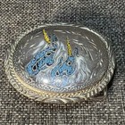 Vintage Ssi Unicorn Belt Buckle Blue Crushed Stone Inlay Handcrafted Sliver Tone