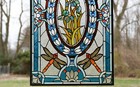 Tiffany Style Stained Glass Window Panel Dragonfly   Iris Flowers 20 5  X 34 