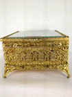Vintage Filigree Ormolu Beveled Glass Jewelry Casket Box Cherubs Gold Plated