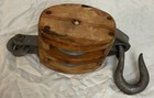 Estate Wooden Double Pulley Block Tackle Forged Iron Hook Barn Farm Decor Boat