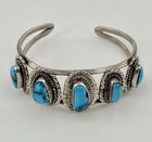 Navajo Sterling Silver Turquoise 5 Stone Cuff Bracelet 44g 7in Vintage