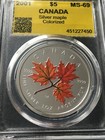 2001  Autumn  Canadian Coloured Maple Leaf  5  Coin Mart  cmg  Graded Ms-69