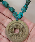 Vintage Chinese Fortune Feng Shui Coin Pendant Baroque Turquoise Beads Necklace