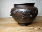 Antique Japanese Meiji Period Bronze Hibachi Jardiniere Applied Bidrs Flowers