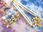 White Pearl Necklace Choker Bib Glass Stone    Crystal Flower   Earring Set