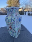 Large 17  Vintage Chinese Famille Rose Square Vase - Hand Painted Floral Motif