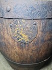 Vintage Small Primitive Old Wooden Wood Barrel Metal Banded Handle 9 3 4  Tall