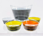 Vtg 1970s Mid Century Modern Rainbow Bar Code Striped Art Glass Salad Bowl Set