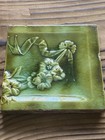 Antique Raised Victorian Cambridge Tiles Green Glaze Floral  And Ribbon Set Of 2
