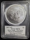 2017- p  Silver Eagle Pcgs Ms70 Struck At Philadelphia First Strike Mercanti 