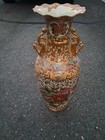 Antique Chinese Porcelain Vase Hand-painted Floral Gold-tone Handles Scalloped