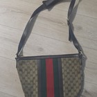 Gucci Gg Web Stripe Zip Top Shoulder Bag  18 5  Beige Brown Ventage Strap