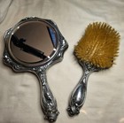 Antique Silver Hand Mirror Hair Brush Vanity Set Art Nouveau Repousse Mid 1800s