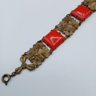 Antique Czech Brass Flower Floral Orange Molded Glass 6 5  Link Bracelet Vintage