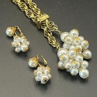 Vintage Gold Lariat Necklace   Earring Set Clustered Faux Pearl Pendants