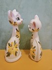 Pair Of Vintage Mid-century Long-necked Ceramic Cats With Floral Motifs