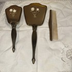 Vintage 3 Piece Vanity Set Brush Comb Mirror Gold Plated White Floral   Dolly