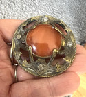 Antique Ornate Large 2  Brass   Orange Stone Agate Paste Button