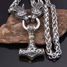 Viking Wolf Head Thor s Hammer Stainless Steel Pendant Necklace  Silver  24 