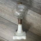 Antique Scroll Fan Oil Lamp Milk Glass Base Brass Collar Atterbury As Is Flaws