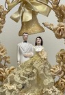 Vintage 1940s Wedding Cake Topper 9  Bride Groom White Tuxedo Lace Bell Arch