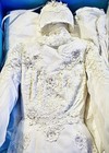 Vintage 1960s 70s Lace Wedding Dress W  Bonnet Bishop Sleeve Boho Xs S
