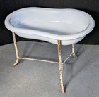 Vintage Antique Enamel Baby Bathtub Wash Tub Basin With Metal Stand 14  Tall