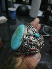 Heavy Southwestern Native American Turquoise Coral Sterling Silver Cuff Bracelet