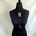 Vintage Navajo Sterling Silver Coral Turquoise Bolo Tie  Leather Cord 925  Tips