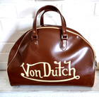 Vtg Von Dutch Boston Bowling Bag Y2k Two-tone Brown Tan Hand Carry Zip Up Footed