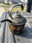 Antique Victorian Toleware Tin Tea Kettle Japanned Floral Figural Decor