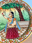 Indian Ragni Plucking Flowers Tree Hand Painted Marble Stone Decorative Plate