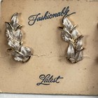 Vintage Clip-on Earrings Gold Tone Enamel Leaf Textured Mcm 50s 60s Nos