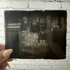 Antique Glass Dry Plate Photo Negative 4x5    Four Children Posing On Farm