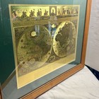 Large Vintage Framed World Map Gold Foil Blaeu Style Wall Art Oak Frame 33x26