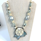 Vintage Lee Sands Necklace Flower Inlay Faux Pearls   Shells Box Clasp Unsigned
