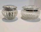 2 Vintage Houbigant Glass Vanity Dresser Jars  Sm   Lg  Silver Tone Floral Lids