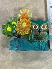 Vintage Lucite Owl   Daisy Flower Bouquet Figurine Blue Green Yellow 1970 s Mcm