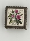 Vintage Japan Gold Tone Footed Trinket Jewelry Box Pink Rose Floral Ornate 