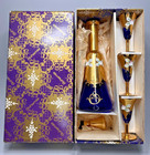 Vtg Bohemian Czech Liquor Decanter Cordial Shot Cobalt Glass Cup Set 24k Gold