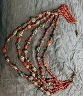 Vtg Artisan 5 Strand Multi Stone Bead Necklace Boho Tribal Silver Tone Chain