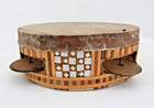 Vintage Tambourine Percussion Instrument  Leather  Wood  Metal   Mother Of Pearl
