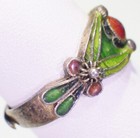 Vintage Signed Silver Art Nouveau 2-tone Green Enamel   Red Stone Ring Adj Size