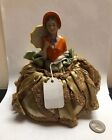 6    Antique German Porcelain Half 1 2 Doll Lady In Orange Parasol Pin Cushion  cc