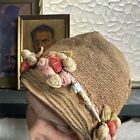 Antique 1920s Straw  Padded Silk Flowers  Lam    Headpiece Cloche Hat Vintage