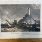 Long Ship s Lighthouse - Land s End Cornwall  Antique Hand-tinted Print Pub 1814
